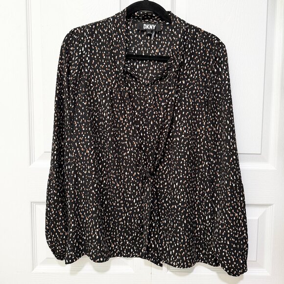 Women DKNY Lightweight Polka Dot Bubble Sleeve Blouse in Black Size Medium - Picture 1 of 8
